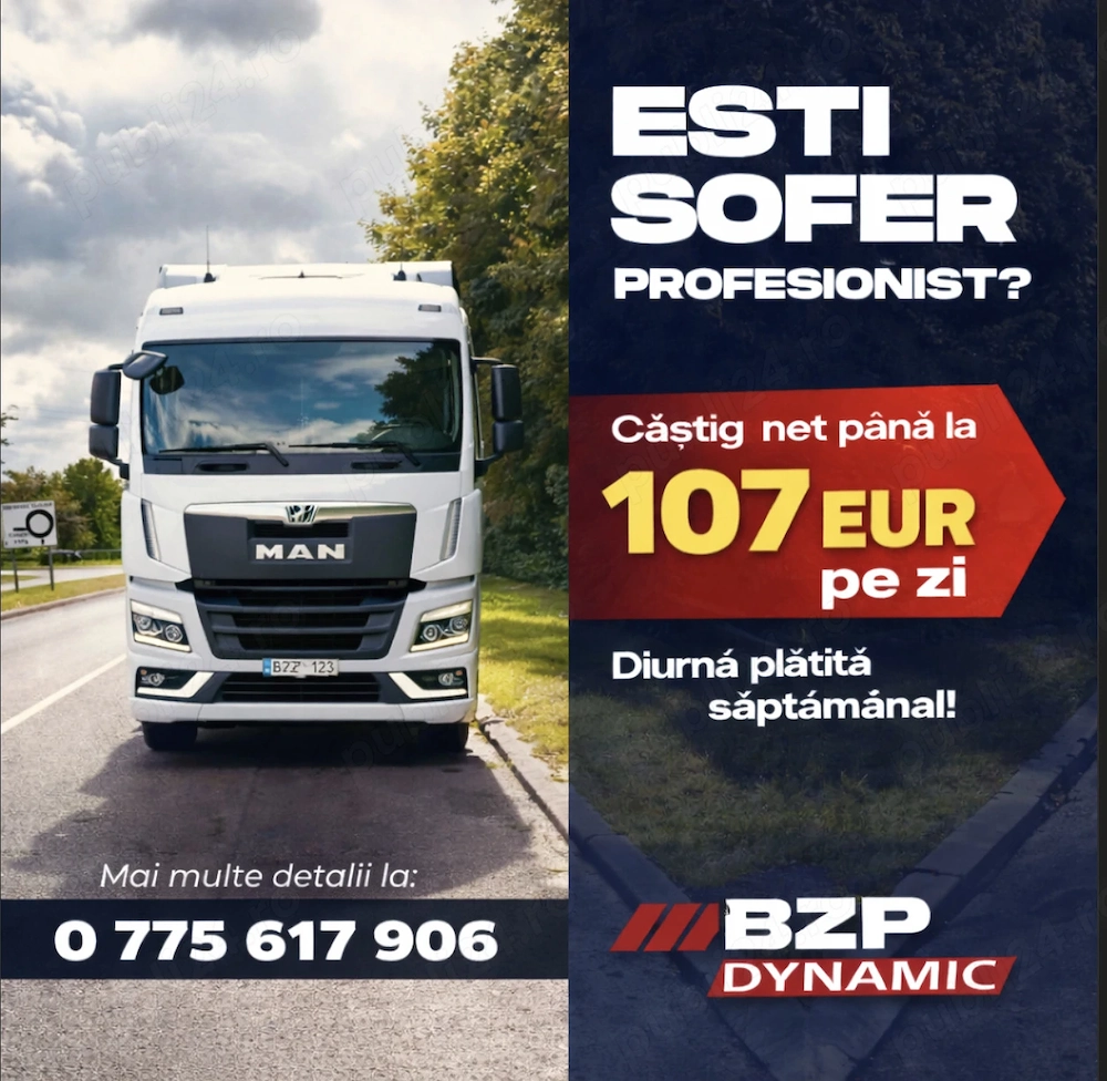 Sofer profesionist C+E   comunitate   107 eur   zi - plata la saptamana