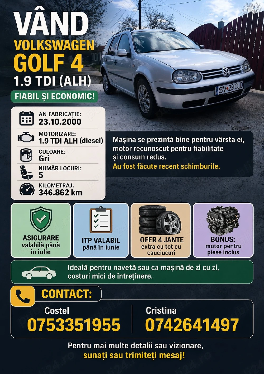 Vând Volkswagen Golf 4 1.9 TDI (ALH)   fiabil și economic