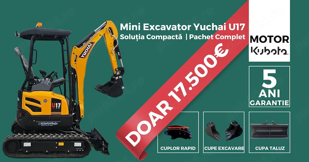 LICHIDARE STOC: Mini Excavator 1.8t Yuchai U17 + Pachet complet inclus | 3 Cupe   5 Ani Garanție