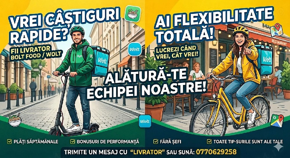 Angajăm Livratori Wolt.Bolt. Glovo!