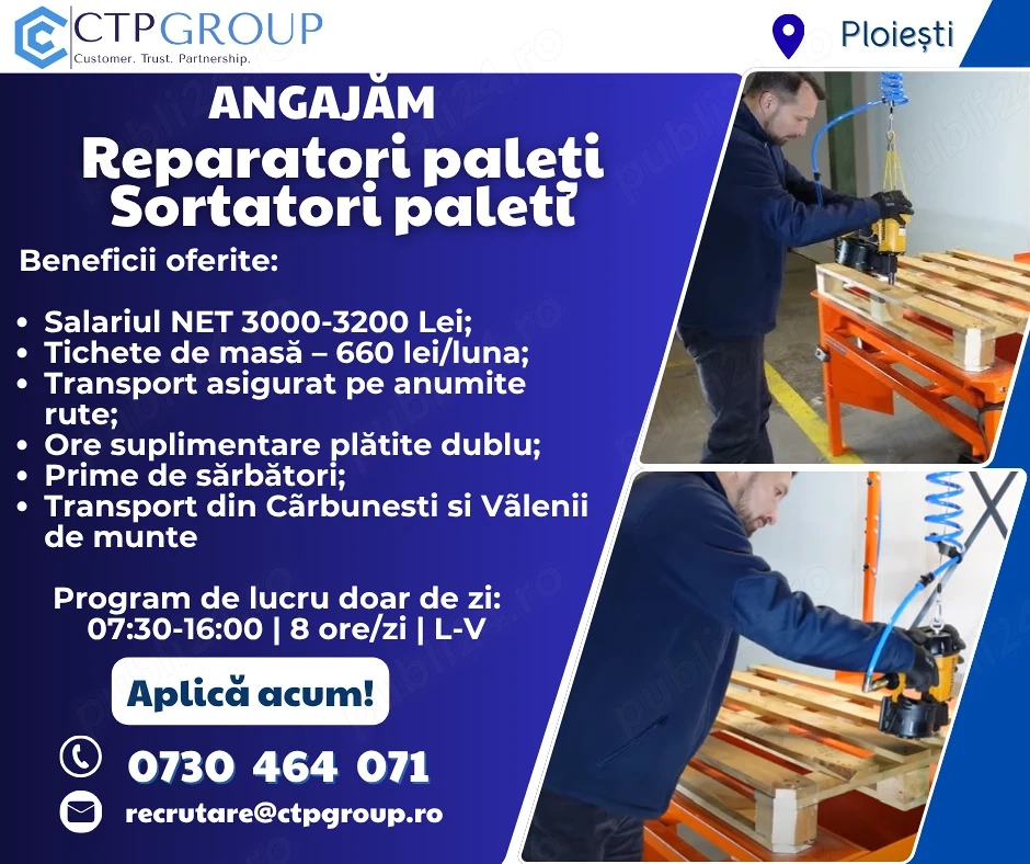 Reparatori Paleti Ploiesti | 3200 lei NET | Program de zi | Transport asigurat