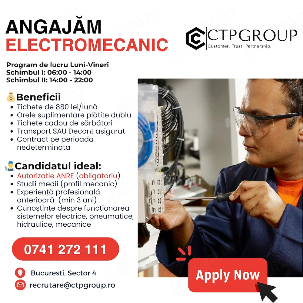 Electromecanic Bucuresti (Sector 4) | 2 schimburi | Salariu 6500-7500 lei NET
