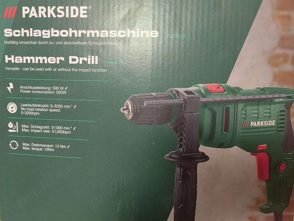 Masina performanta de gaurit cu percutie Parkside: D5, 500W, turatie 3200, max 49000 percutii, 13 Nm