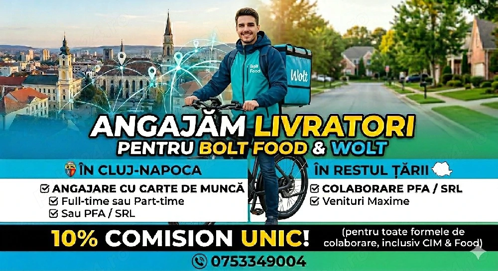    ANGAJĂM LIVRATORI Bolt Food & Wolt! Câștigă bine și lucrează flexibil!     