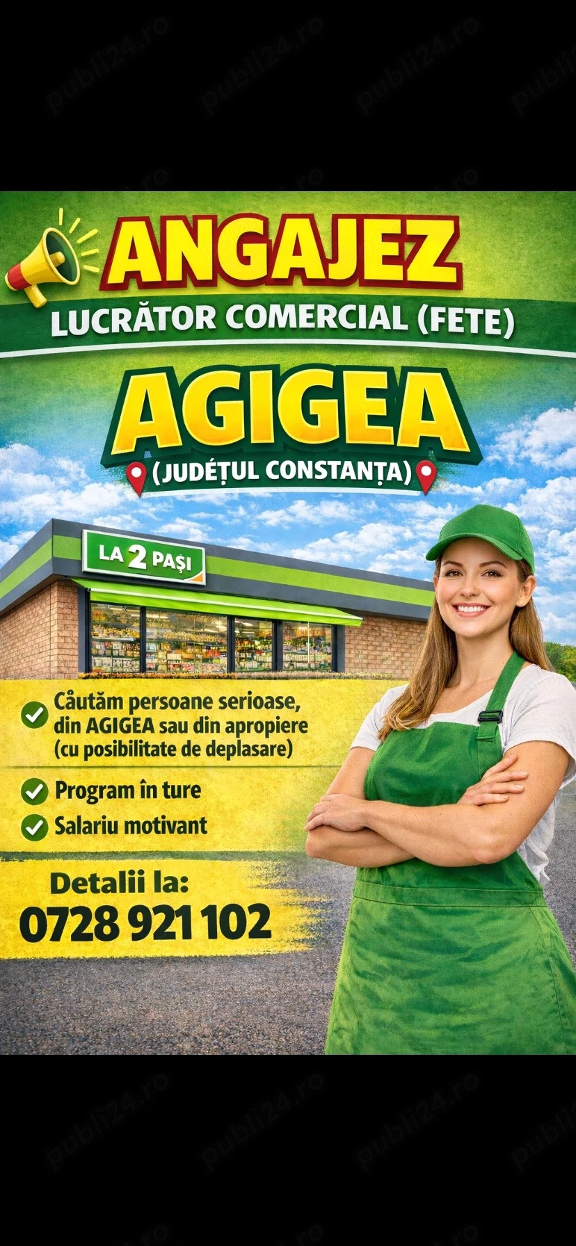 Angajam lucrator comercial( fete) magazin LA 2 PASI din Agigea(Constanta)