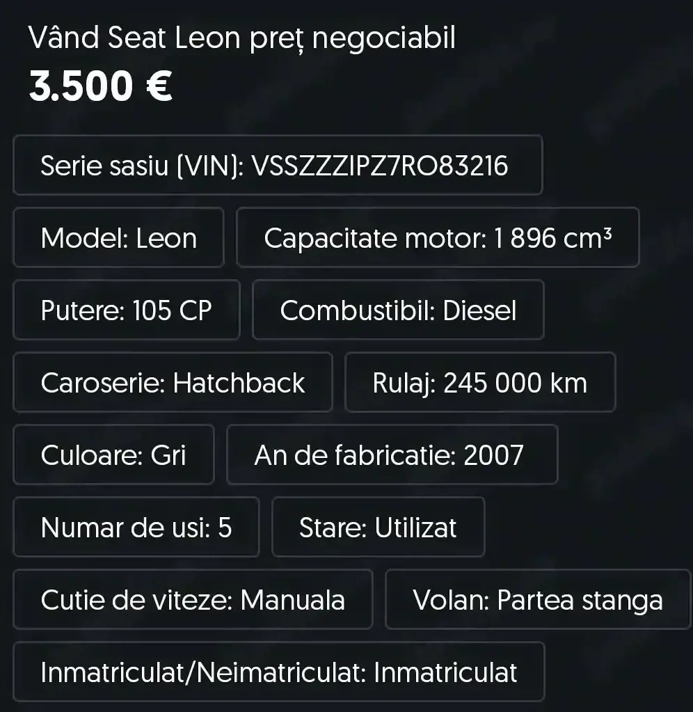 Vând Seat Leon 3500 euro negociabil 