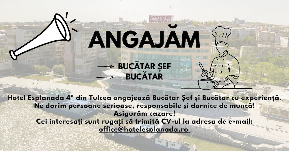 Hotel Esplanada 4* Tulcea angajează Bucătar Șef și Bucătar cu experiență