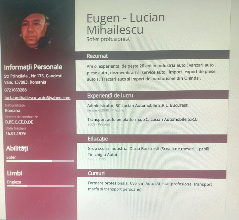 Caut loc de munca Tur - Retur categoria B , BE sau categoria D pe microbuz .