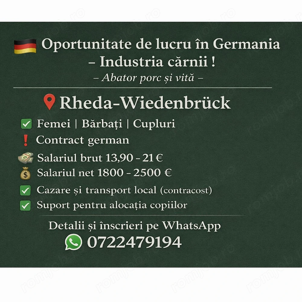 Oportunitate locuri de muncă în Germania! Abator porc și vită  !!!