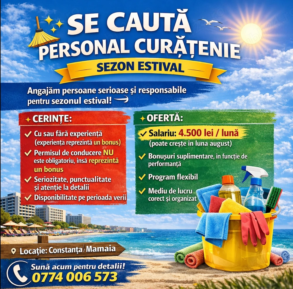 Se caută personal pentru curatenie pentru Sezon, oferim 4500 LEI Salariu - Posturi Limitate