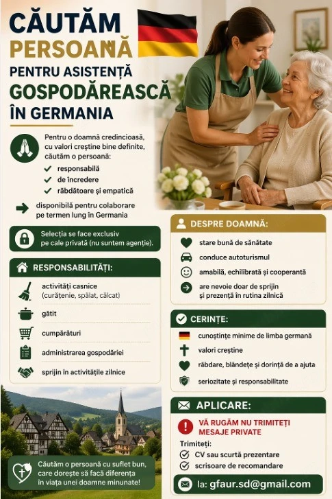 Căutăm o persoană pentru asistență gospodărească în Germania!