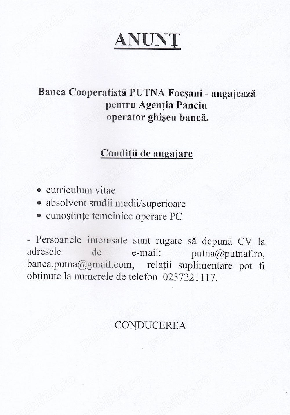 Operator ghiseu bancă Agenția Panciu