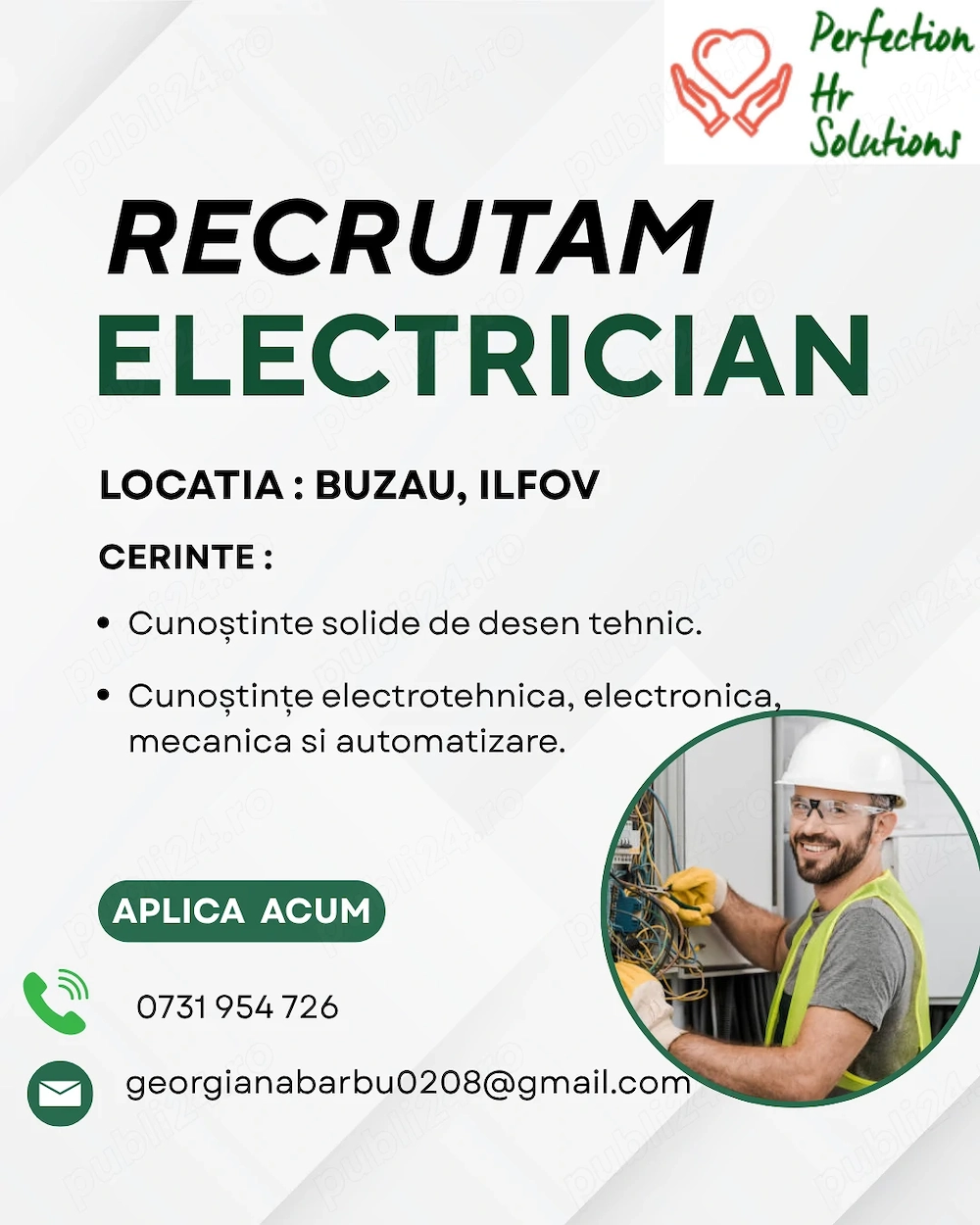 Recrutam electrician Buzau si  ILFOV