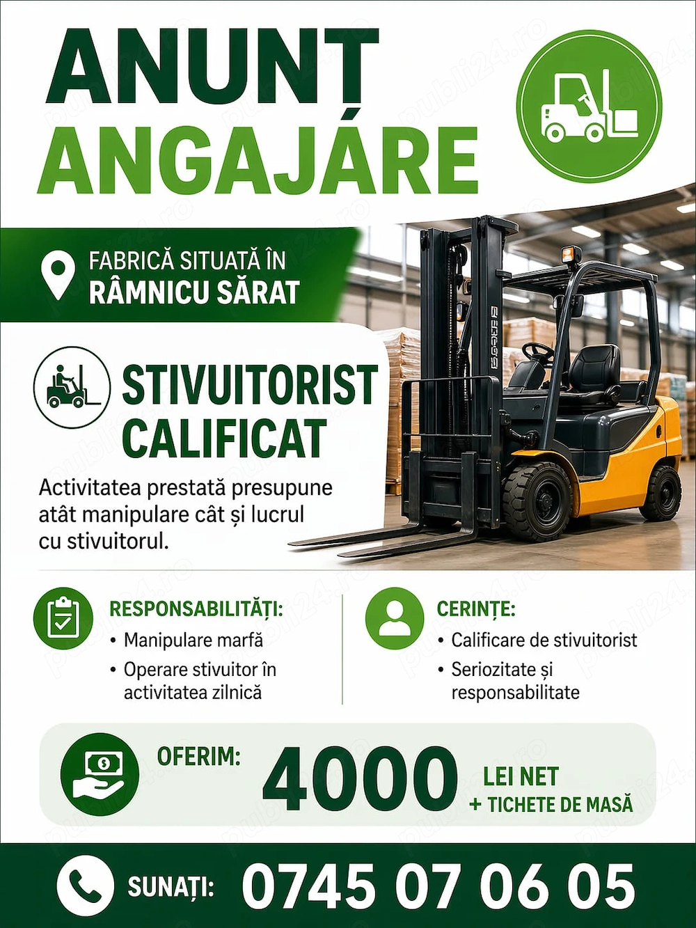 Stivuitorist - manipulant fabrica Ramnicu Sarat