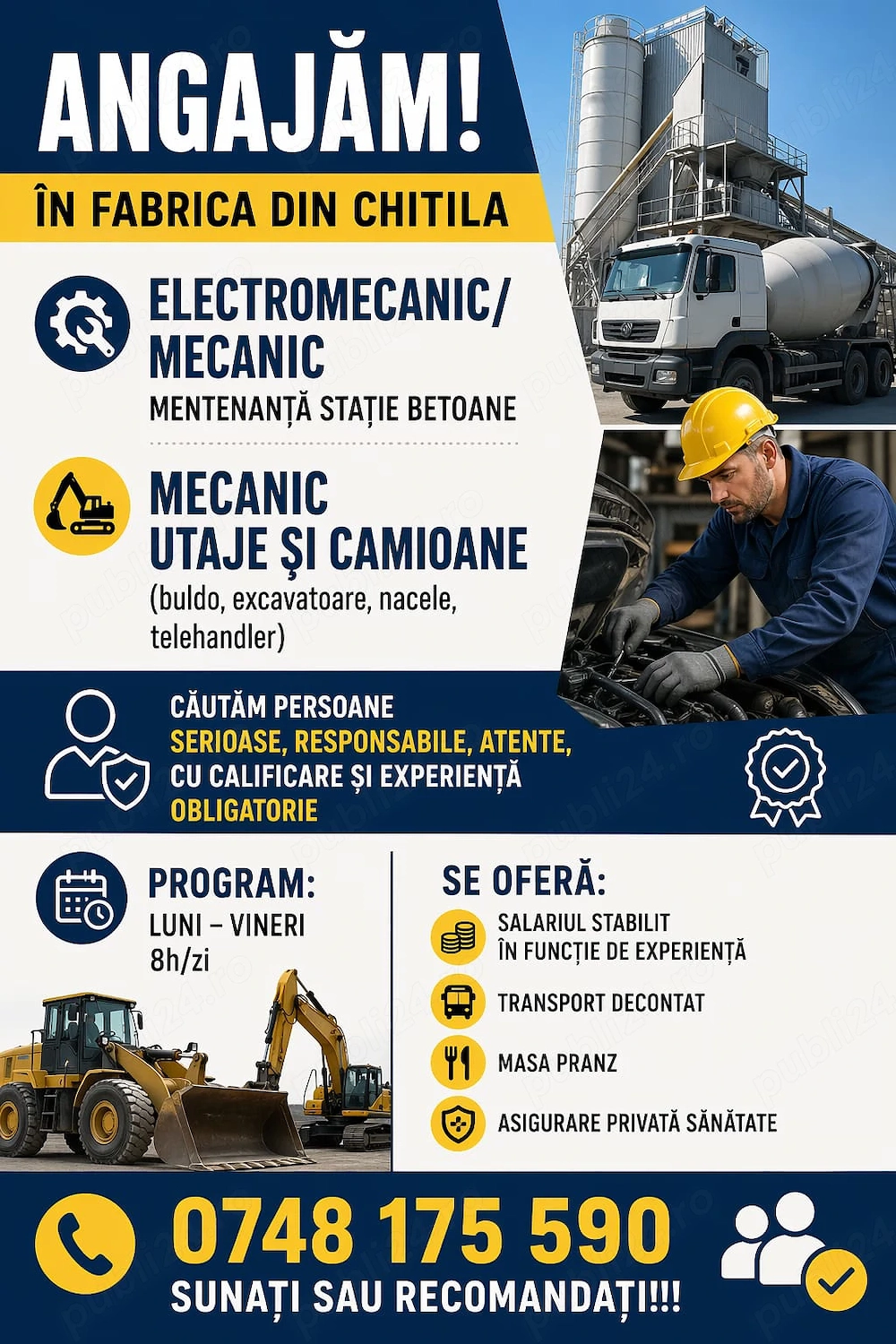ELECTROMECANIC mentenanta statie betoane si MECANIC utilaje 
