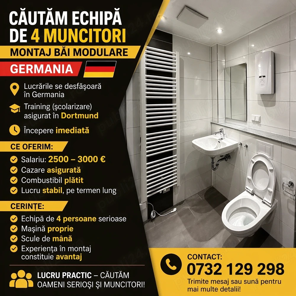 Căutăm echipă de 4 muncitori - montaj băi modulare (Germania)