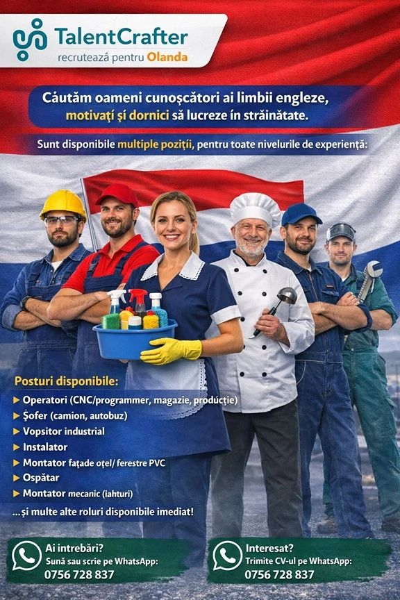  ANUNȚ DE ANGAJARE   OLANDA pentru cunoscatori de limba engleza (nivel mediu)