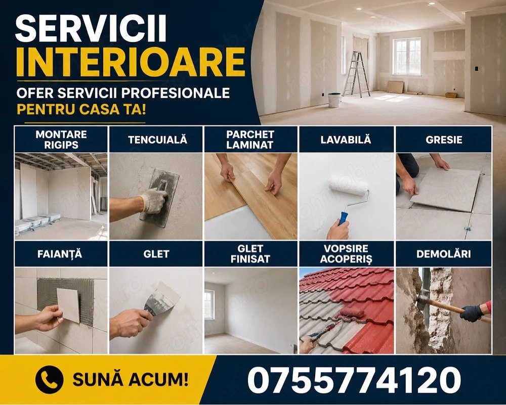 Caut lucrari interioare montare rigips,parchet laminat,glet finsiaje, tencuiala,fatada exterior