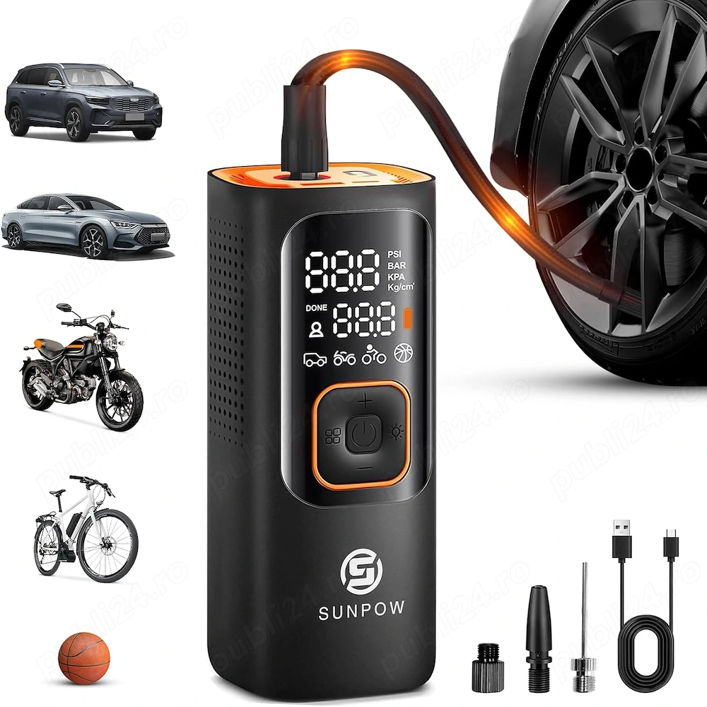 Compresor Electric Portabil SUNPOW 160 PSI, 7500 mAh