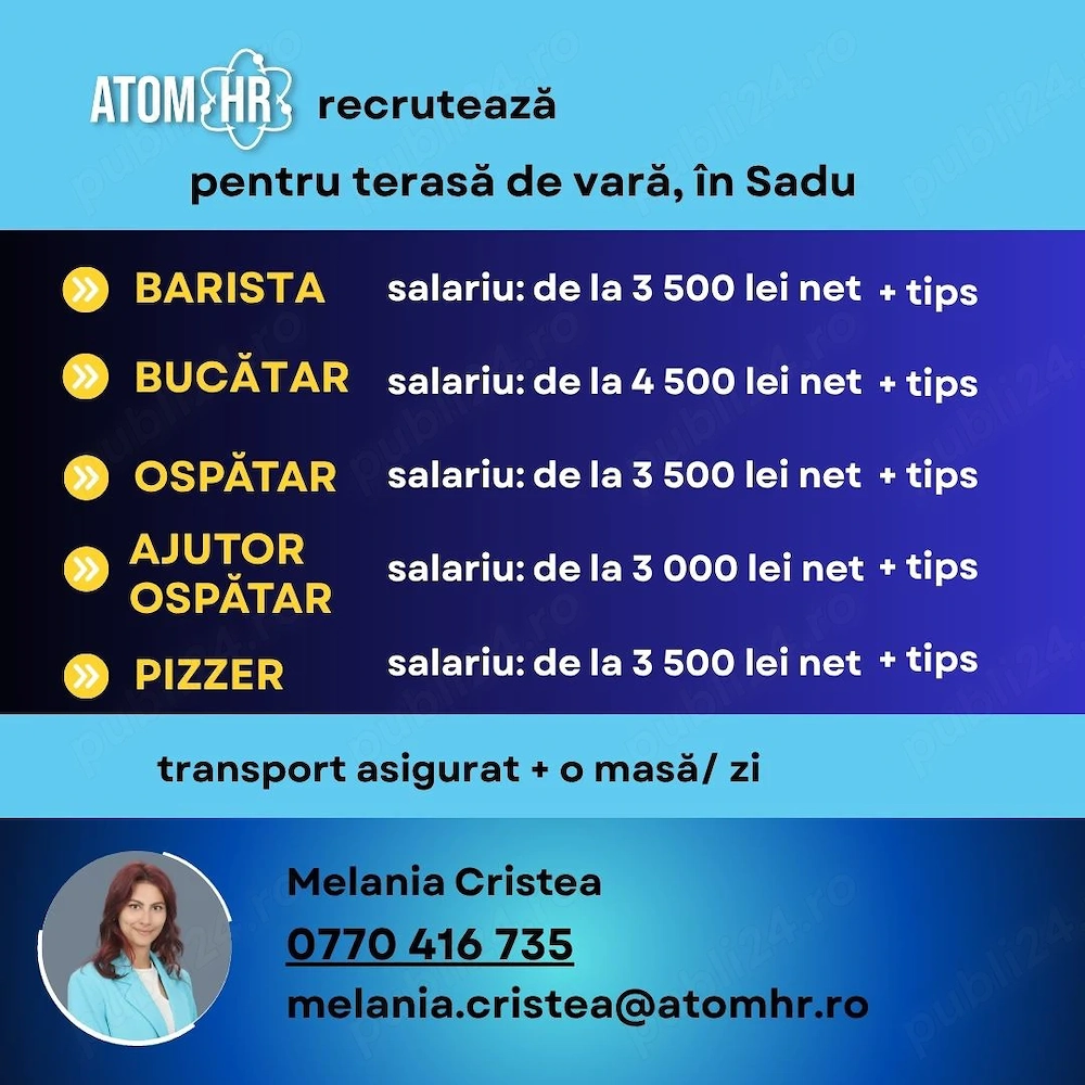 Atom HR angajează pe mai multe poziții în domeniul HoReCa pentru terasă de vară în Sadu!