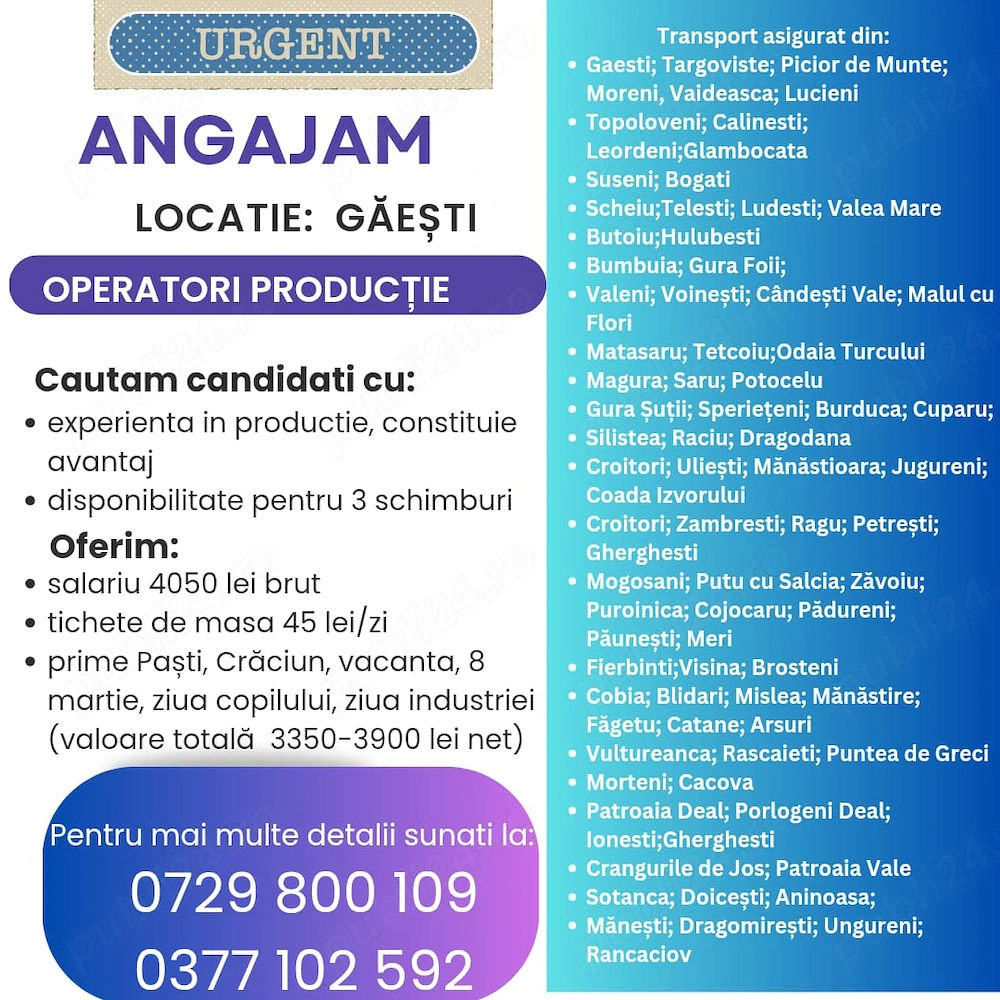 Angajam Operatori productie - GAESTI