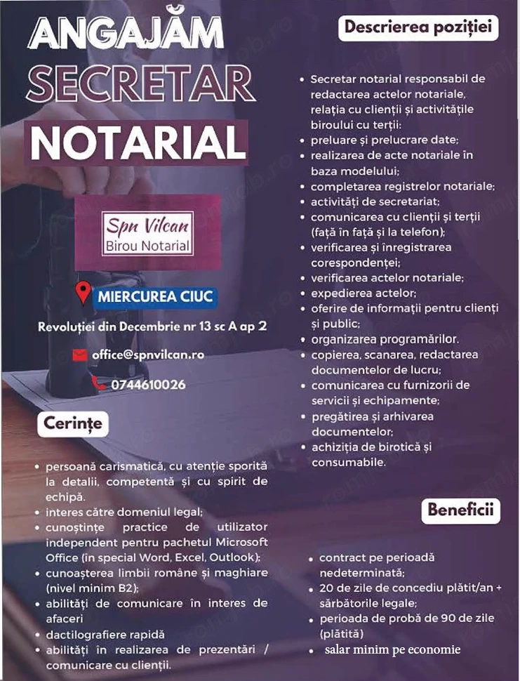 SPN Vilcan angajează ASISTENT NOTARIAL, Miercurea Ciuc