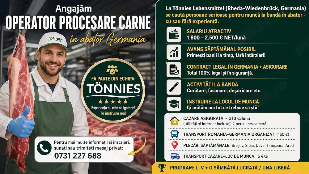 Angajăm muncitori in abator Germania cu sau fara experienta