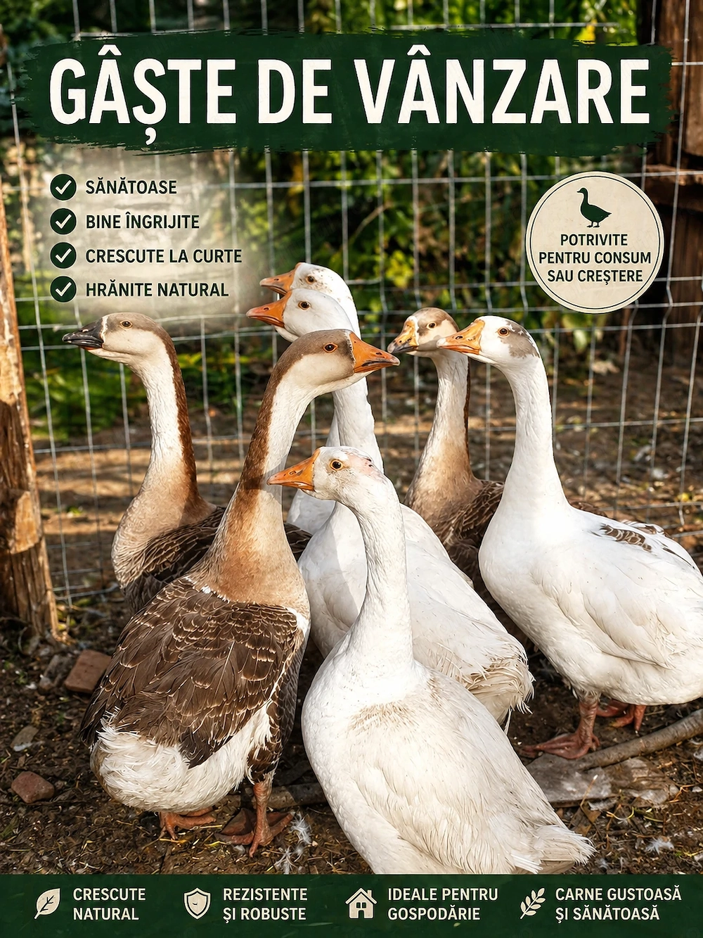 Gâște de vânzare   sănătoase, crescute la curte   Tulcea