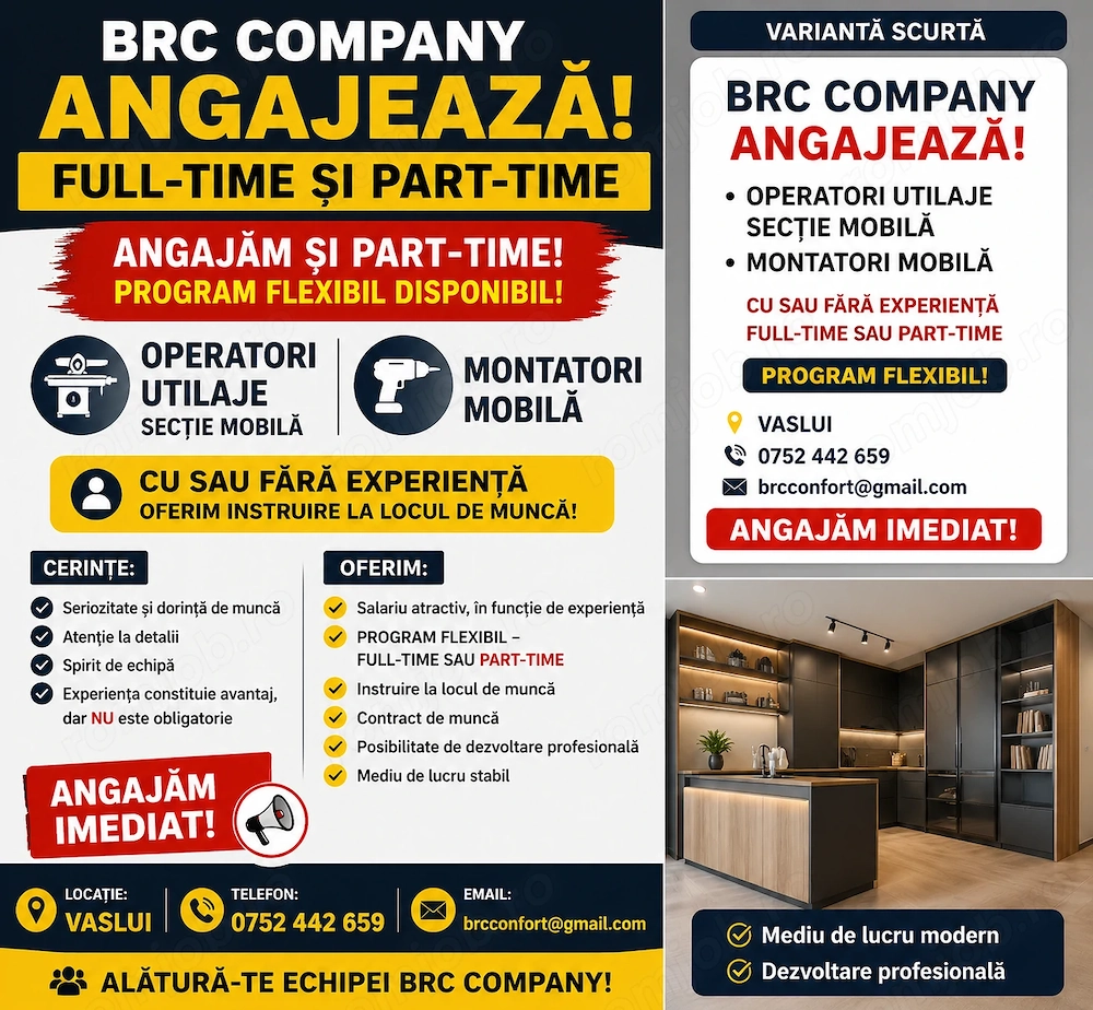 Angajăm Operatori utilaje și Montatori mobilă   FULL-TIME și PART-TIME   Vaslui