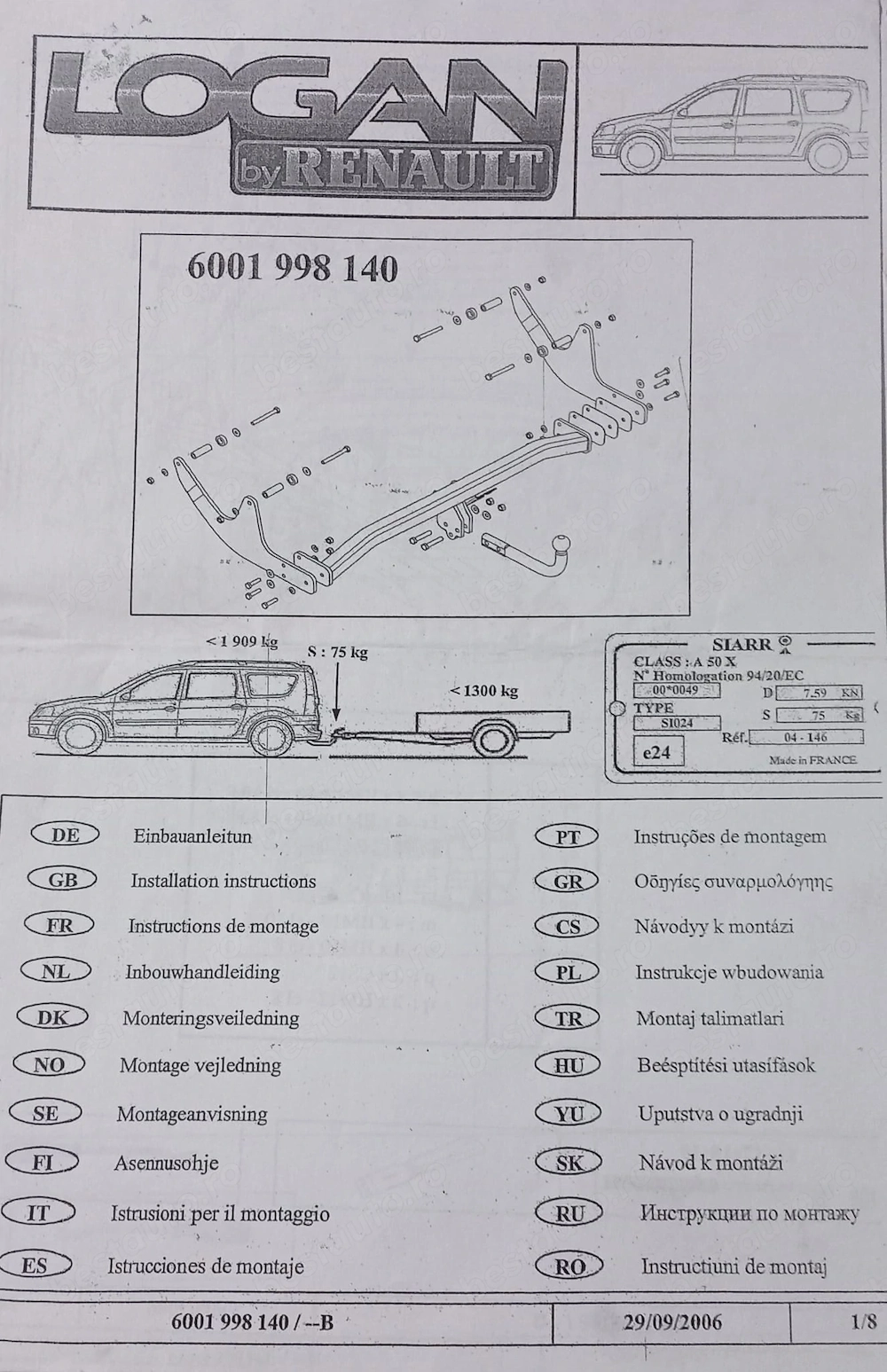 Dispozitiv cârlig remorcare de origine pentru Dacia Logan MCV 1 - 6001998140