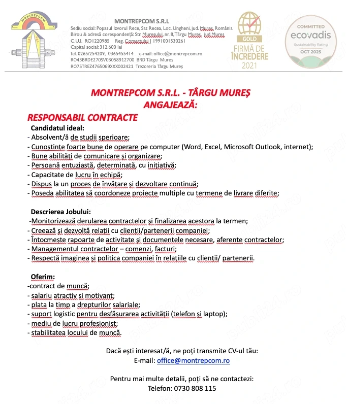 Montrepcom - angajează Responsabil Contracte