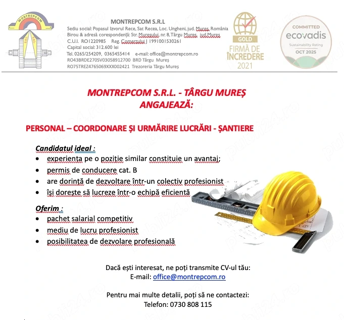 Montrepcom - angajează-Personal coordonare și urmărire lucrări șantiere