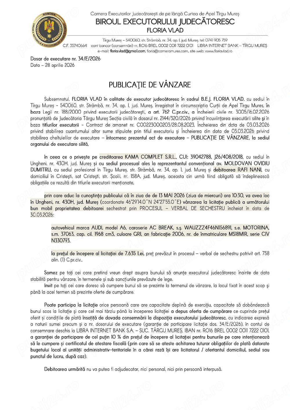 Vânzare la licitație publică - AUDI, model A6 2006