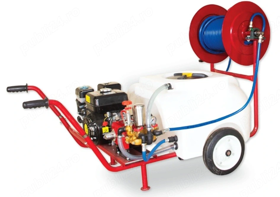 Vand atomizor 200l cu motor termic 6.5 cp, tambur și furtun de presiune 25m, 8mm, 75 bar.
