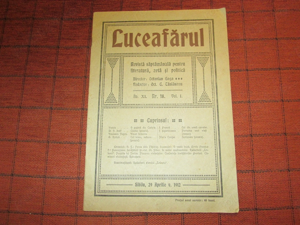 Revista Literara Luceafarul Nr. 18 din 1912. Octavian Goga