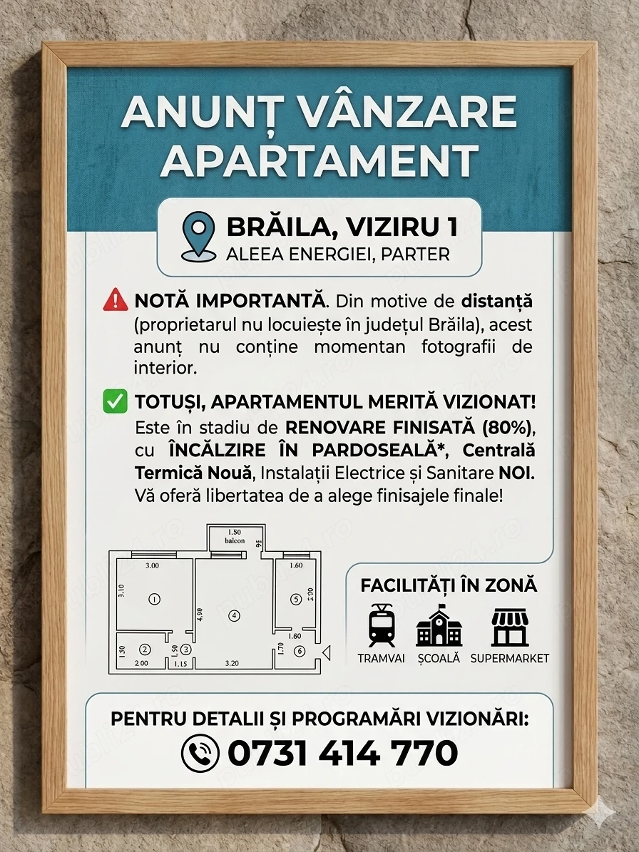 Apartament 2 camere - VIZIRU 1 BRĂILA - încălzire în pardoseală 