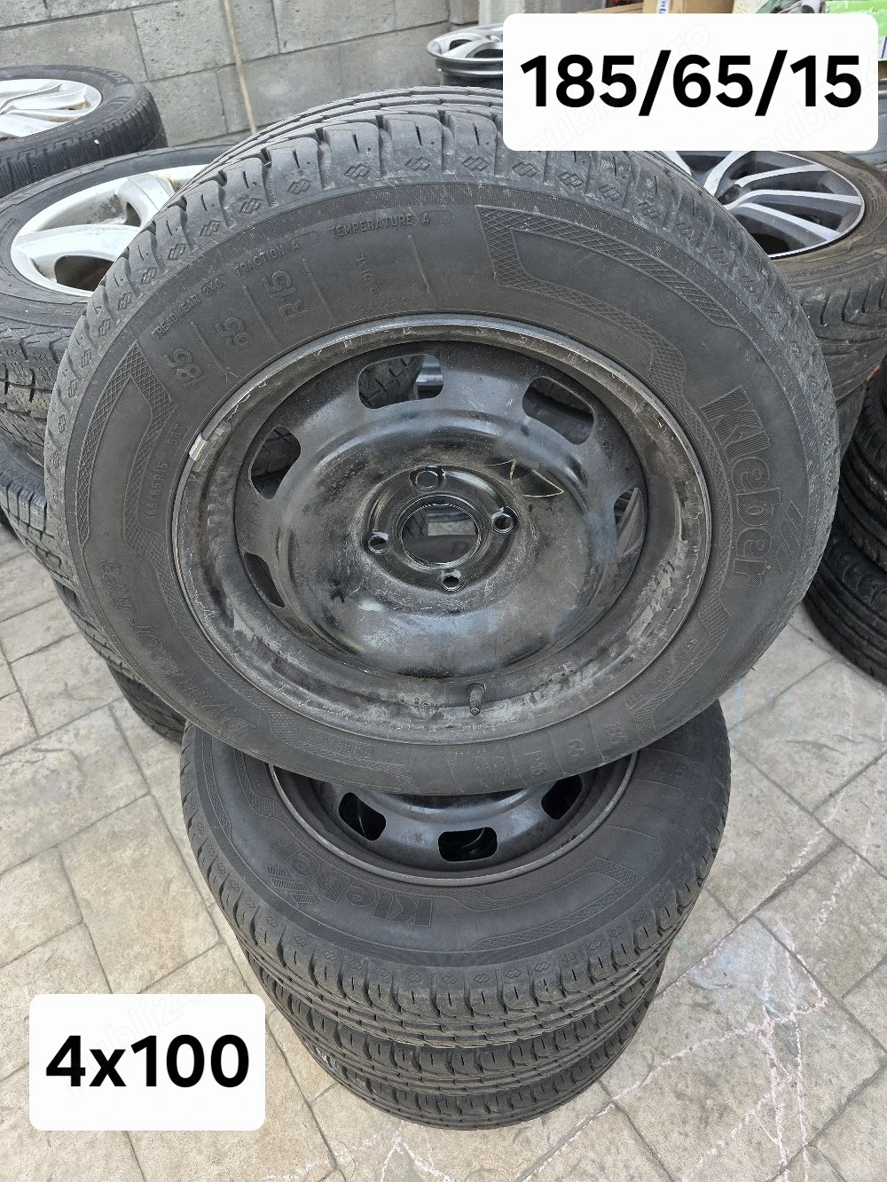 Set 4 jante tabla 4x100 echipate cu anvelope vara 185/65/15 Logan