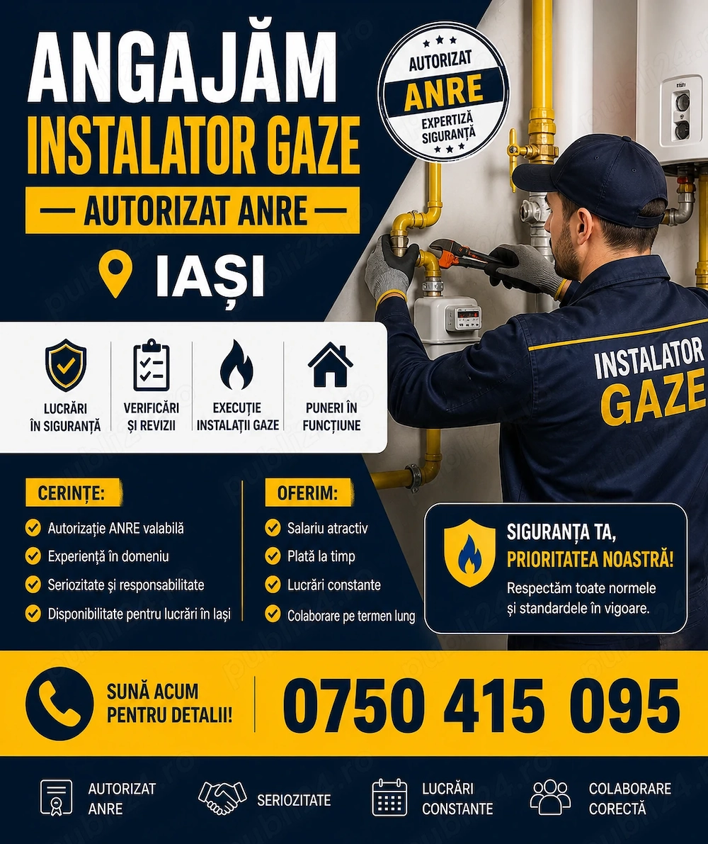 Angajăm instalator autorizat ANRE - instalații gaze - IAȘI