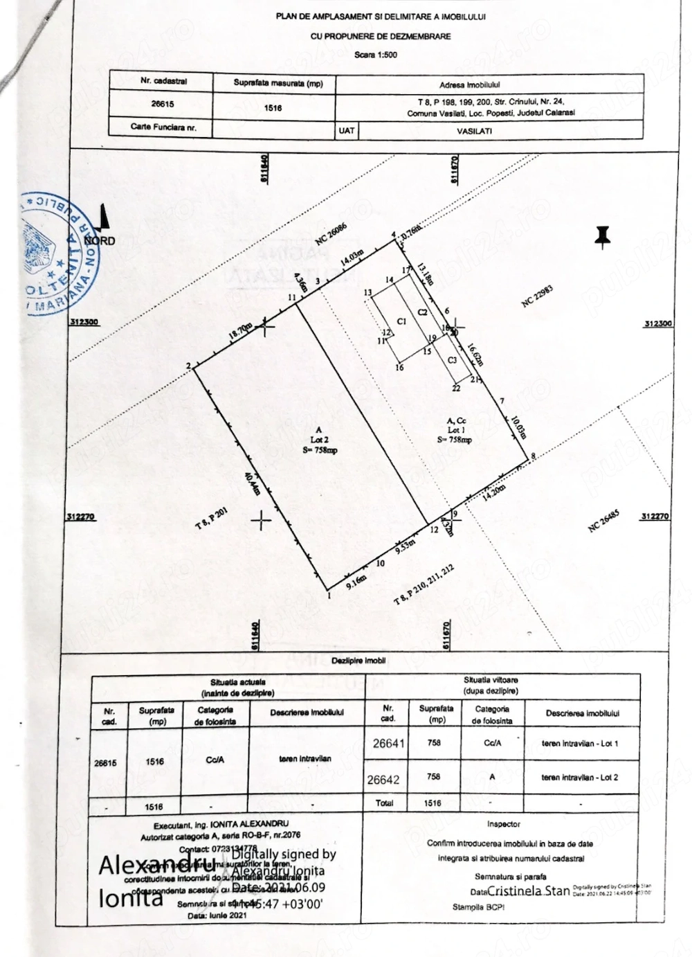 Proprietar , vând teren intravilan, 758 mp în satul Popești, jud. Călărași.