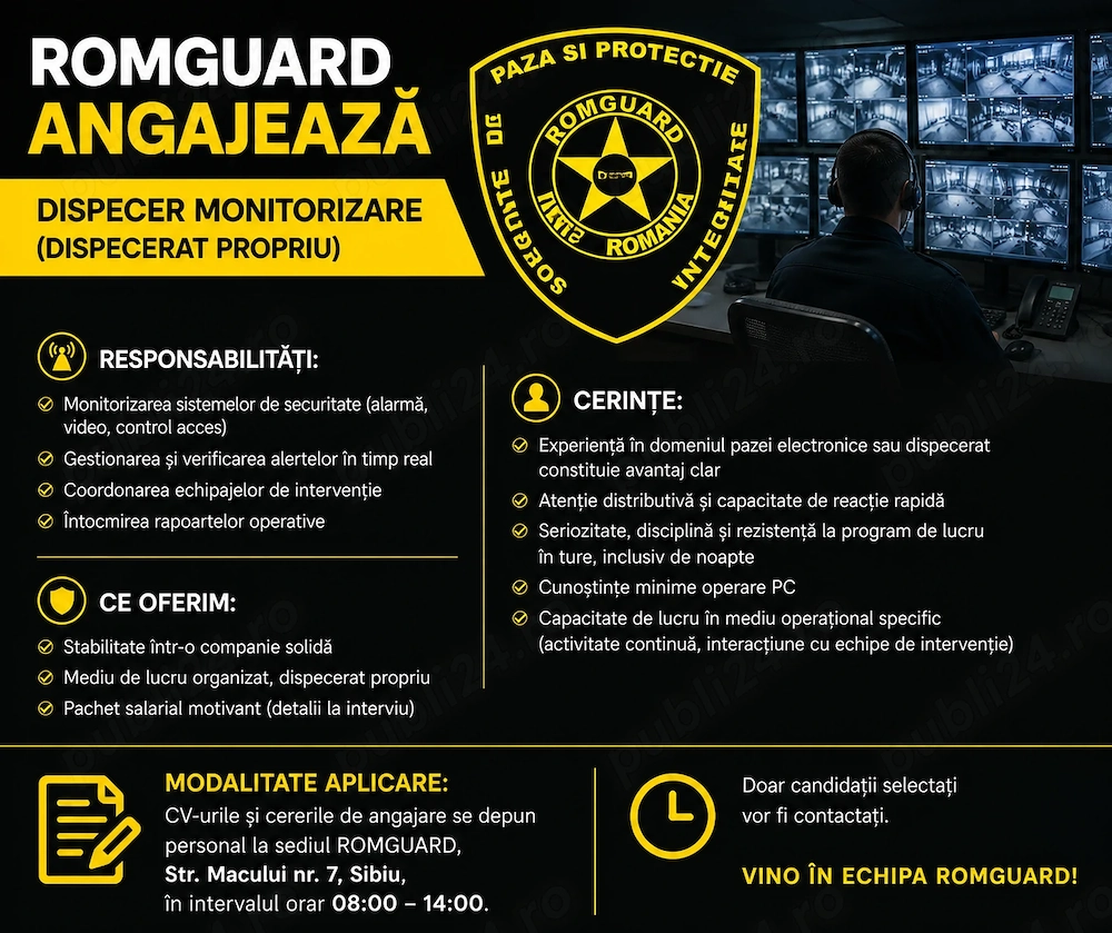 ROMGUARD angajeaza Dispecer Monitorizare (Dispecerat propriu)