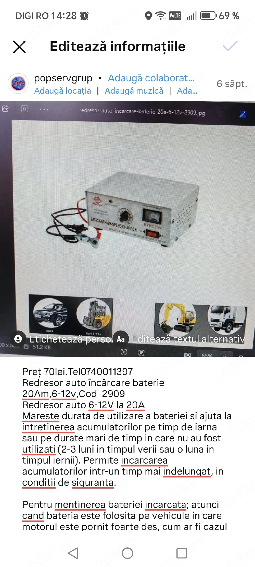 Redresor Auto incarcare baterie 20AM 6-12v