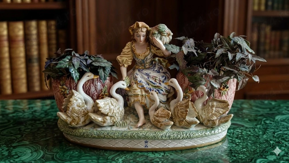 Figurină Capodimonte porțelan italian   figură feminină cu lebede