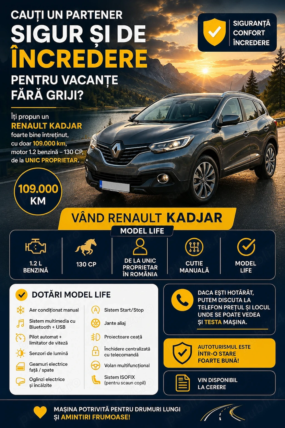 Unic proprietar ofer spre vanzare un Renault Kadjar, fabricatie noirmbrie 2018 , cu 109000 km, 1,2 l