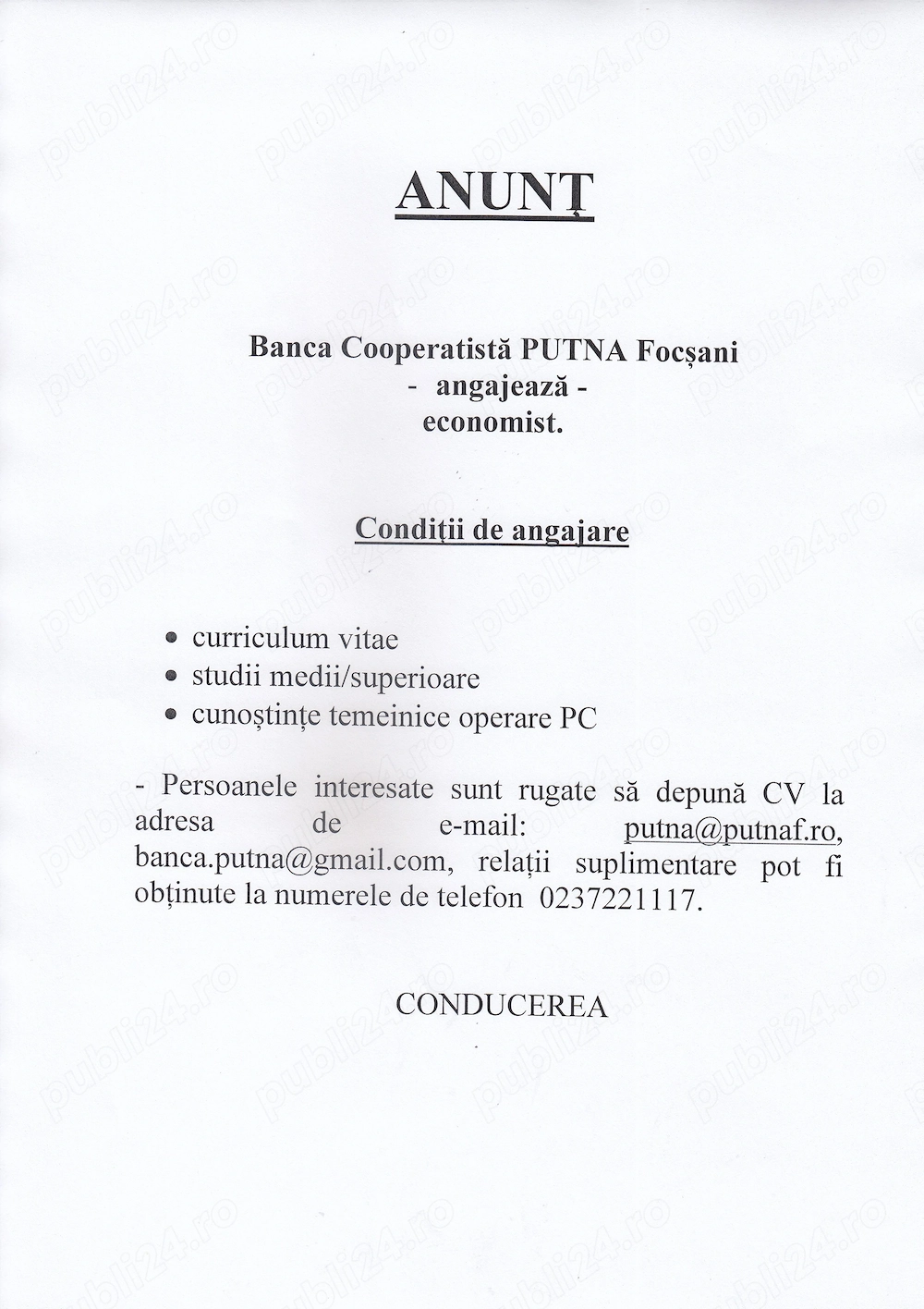 Banca Cooperatista Putna Focsani angajeaza economist