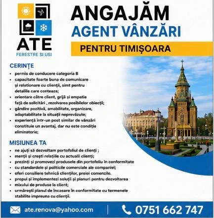 Agent Vanzari (Timisoara, Brasov, Cluj, Sibiu, Craiova)