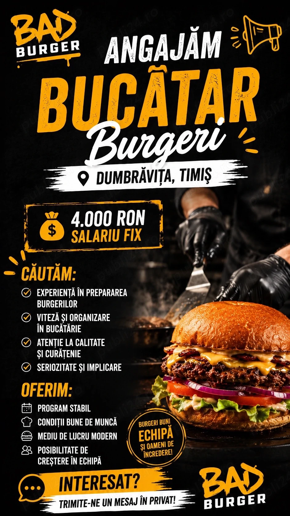Bad burgers angajeaza Bucatar salar 4000 ron