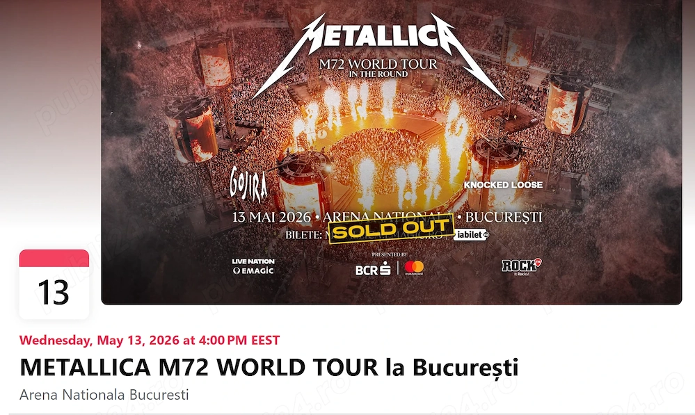 Vând 4 bilete la concertul Metallica, la Loje, cu catering si open bar incluse