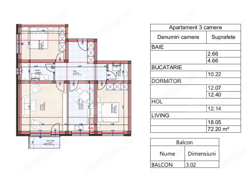 Apartament Sanpetru 3 camere, 2 bai , 72 mp + 3 mp terasa