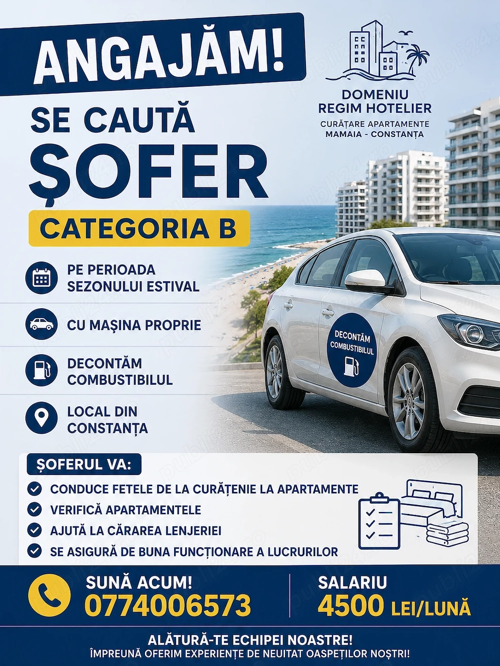 Se cauta sofer categoria B pe sezonul estival - Salariu 4500 lei - Mamaia Constanta