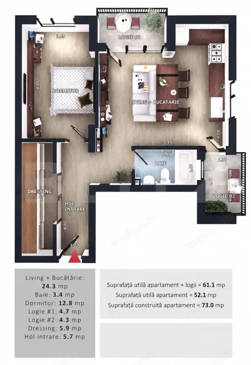 Apartament 2 camere, 2 balcoane, CF parcare subterana, boxa, Zona Vivo 